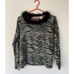 90s vintage grey animal print funky unique feather trim long sleeved blouse top